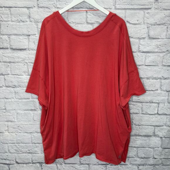 FP Movement Short Sleeve Oversized Top Shirt Coral Red V-Back Pockets Size L - Picture 7 of 7